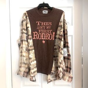 “This Ain’t My First Rodeo” UpCycled Bleached Flannel Tee M/L MadeYouLook NWT